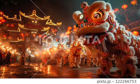 Chinese Lantern Festival . Traditional Performances: Cultural performances, including dragon and lion dances, acrobatic feats, and traditional music, add to the festive atmosphere. 122266753