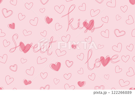 Seamless pattern with hand drawn hearts and hand written words. Cute romantic background. Romantic pattern for greeting cards, printing, gift wrapping. Festive background for Valentines Day Seamless pattern with hand drawn hearts and hand written words. Cute romantic background. Romantic pattern for greeting cards, printing, gift wrapping. Festive background for Valentines Day 122266889