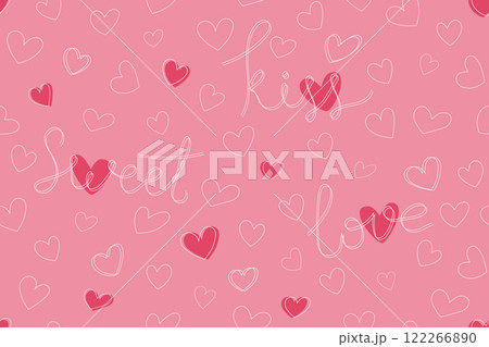Seamless pattern with hand drawn hearts and hand written words. Cute romantic background with hearts. Romantic pattern for printing, gift wrapping. Festive background for Valentines Day 122266890