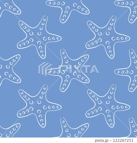 Seamless starfish pattern with dotted details in a line art style on a blue background. Perfect for marine design, beach theme, textile, wrapping, wallpaper and summer decoration. Seamless starfish pattern with dotted details in a line art style on a blue background. Perfect for marine design, beach theme, textile, wrapping, wallpaper and summer decoration. 122267251