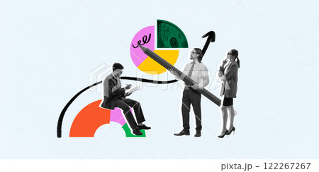 Conceptual artwork. Business people works in team analyze data, charts, make decisions symbolize financial analysis. Investment strategy concept. 122267267