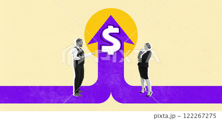 Conceptual artwork. Two people, workers stand on wide purple arrow pointing up with money sign symbolizing financial growth, profit. 122267275