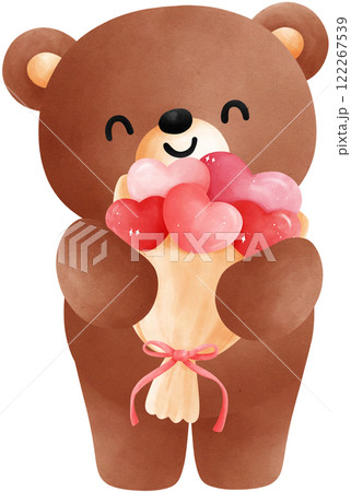 Cute bear with heart bouquet cartoon character valentine watercolor illustration 122267539