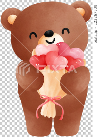 Cute bear with heart bouquet cartoon character valentine watercolor illustration 122267539