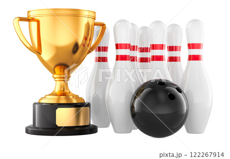 Bowling and Gold trophy cup award, 3D rendering 122267914