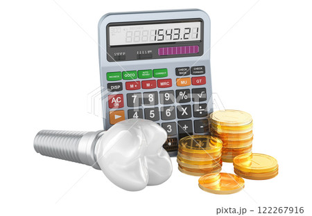 Cost of Dental Implants, concept. Dental Implant with calculator and golden coins, 3D rendering 122267916