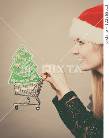 Woman wearing Santa Claus hat holding trolley 122268013