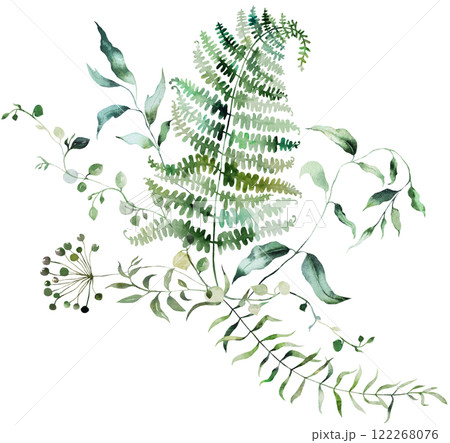 Bouquet with Watercolor fern twigs with green leaves isolated illustration, botanical wedding Bouquet with Watercolor fern twigs with green leaves isolated illustration, botanical wedding 122268076