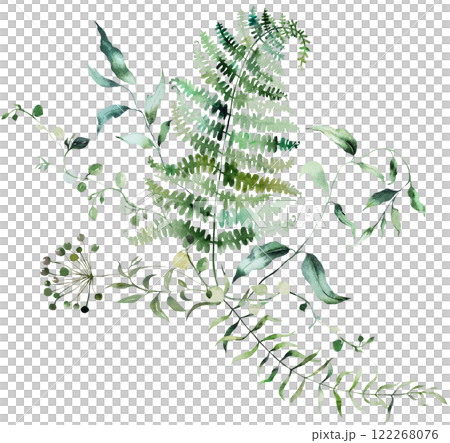 Bouquet with Watercolor fern twigs with green leaves isolated illustration, botanical wedding Bouquet with Watercolor fern twigs with green leaves isolated illustration, botanical wedding 122268076