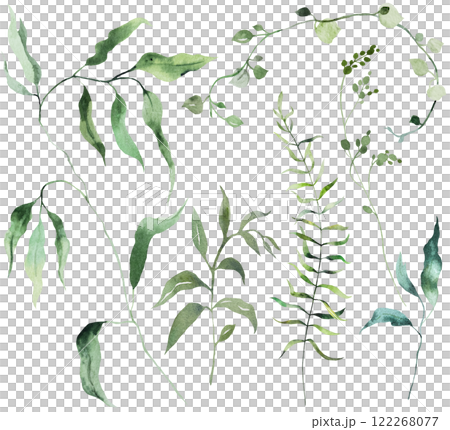 Watercolor twigs with  green leaves isolated illustration, botanical summer wedding element Watercolor twigs with  green leaves isolated illustration, botanical summer wedding element 122268077
