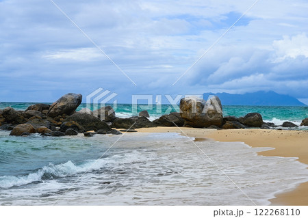 Amazing seascape with sailboat. Mahe Island, Seychelles Amazing seascape with sailboat. Mahe Island, Seychelles 122268110