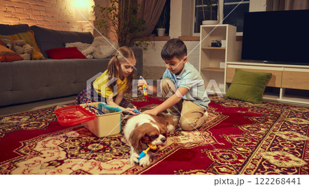 Boy and girl, friends having fun at home, playing doctor, vets, doing injection to dog with medical toys in cozy living room in evening 122268441