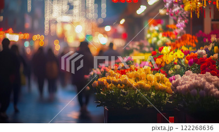 Flower Market in Lunar New Year in Chind. People walking on the street. The flowers selling in the stores, flower shops A showcase of seasonal flowers 122268636