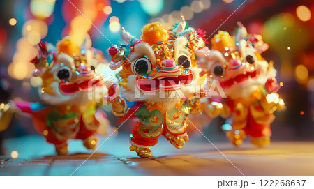 Dragons dance. The performing with the dragon dancing. Funny cute monsters. Celebration of a Lunar New Year. Cultural Asian event in Chinatown. 122268637