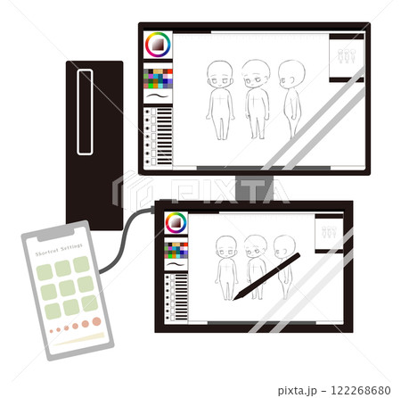 デスクトップPCと液タブをスマホを左手デバイスとして使用するイメージイラスト素材 122268680