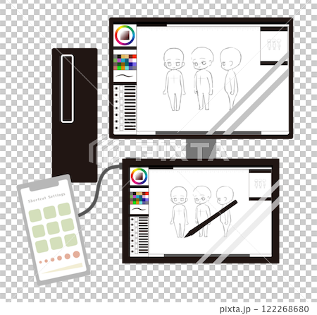 デスクトップPCと液タブをスマホを左手デバイスとして使用するイメージイラスト素材 122268680