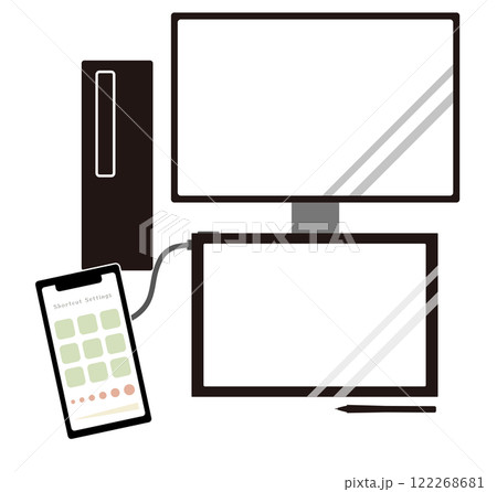 デスクトップPCと液タブをスマホを左手デバイスとして使用するイメージイラスト素材 122268681