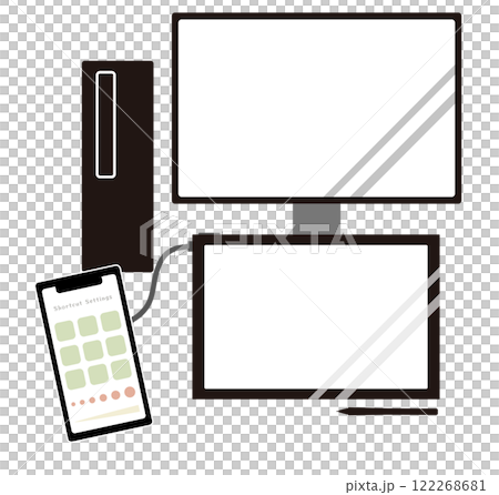 デスクトップPCと液タブをスマホを左手デバイスとして使用するイメージイラスト素材 122268681