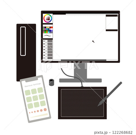 デスクトップPCとペンタブ（板タブ）を左手デバイスを使ってイラストや漫画を描くイメージイラスト 122268682