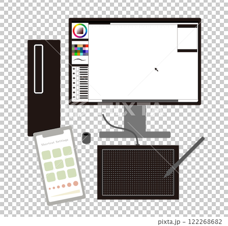 デスクトップPCとペンタブ（板タブ）を左手デバイスを使ってイラストや漫画を描くイメージイラスト 122268682