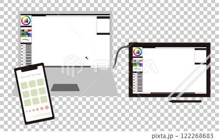 ノートパソコンと液タブを左手デバイスを使ってイラストや漫画を描くイメージイラスト　 122268683