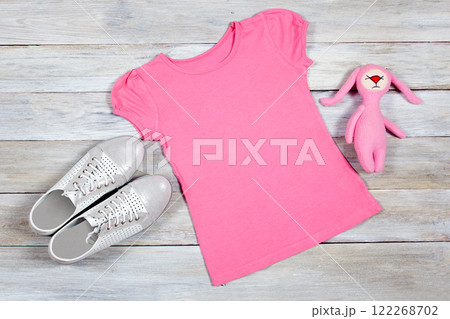 Pink T-Shirt Mockup on Wooden Background 122268702