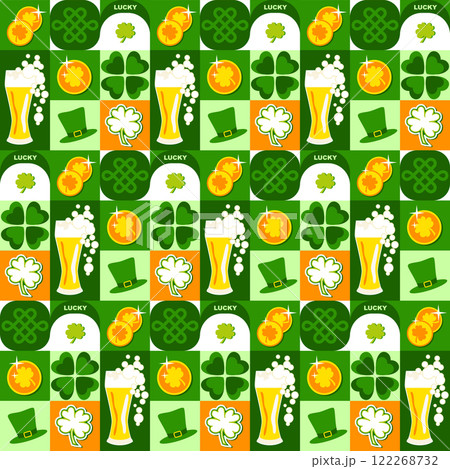 St. Patricks day seamless pattern with glasses of beer, shamrock four leaves clovers, leprechaun hat, gold coins. Geometric square composition background design 122268732