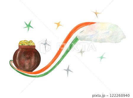 Pot of gold at the end of a rainbow with cloud and stars watercolor isolated illustration. Rainbow in the national colors of Ireland. Traditional accessories of St. Patrick Day. For poster, greetings. 122268940