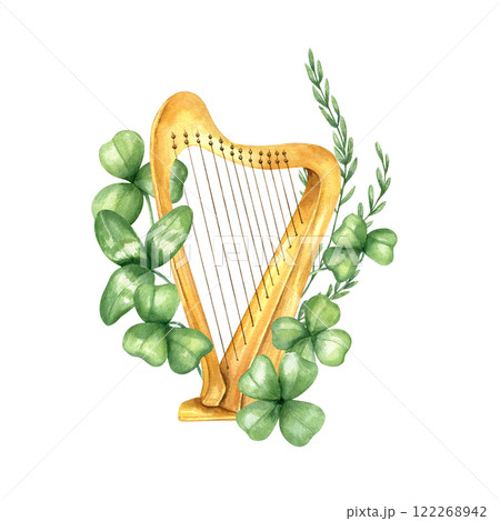 Watercolor classical wooden Celtic Irish harp string clover leaves, meadow spikelet watercolor illustration. Hand drawn St Patrick day musical instrument for traditional festival design, carnival card 122268942