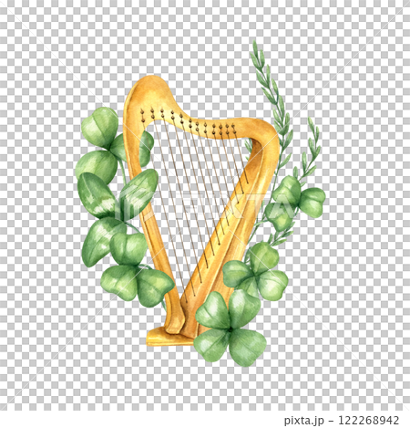 Watercolor classical wooden Celtic Irish harp string clover leaves, meadow spikelet watercolor illustration. Hand drawn St Patrick day musical instrument for traditional festival design, carnival card 122268942