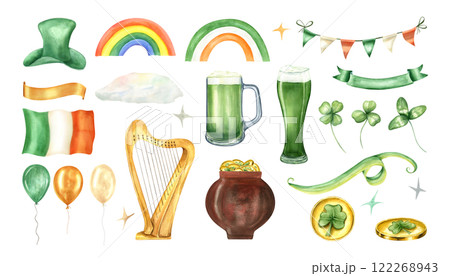 Watercolor Saint Patrick accessories illustration clip art. Green hat, coin pot, beer glass, Ireland flag, ribbon garland, harp, balloons, golden money, clover leaf, cloud, rainbow festive elements 122268943
