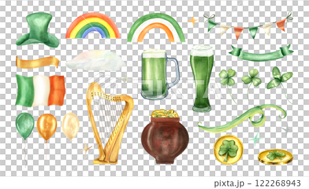 Watercolor Saint Patrick accessories illustration clip art. Green hat, coin pot, beer glass, Ireland flag, ribbon garland, harp, balloons, golden money, clover leaf, cloud, rainbow festive elements 122268943