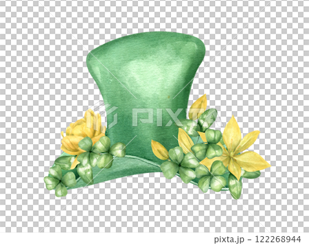 Green leprechaun hat decorated with spring yellow tulip flowers and clover leaves watercolor illustration. Saint Patrick day 2025 decoration. Spring festive composition for holiday postcard, greeting Green leprechaun hat decorated with spring yellow tulip flowers and clover leaves watercolor illustration. Saint Patrick day 2025 decoration. Spring festive composition for holiday postcard, greeting 122268944