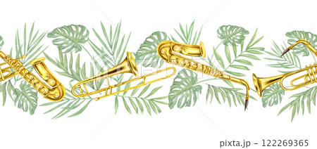 Watercolor shiny musical wind instruments with tropical green leaves seamless banner. Hand painted saxophone, trombone, trumpet, palm and monstera foliage pattern illustration for design shops, print Watercolor shiny musical wind instruments with tropical green leaves seamless banner. Hand painted saxophone, trombone, trumpet, palm and monstera foliage pattern illustration for design shops, print 122269365