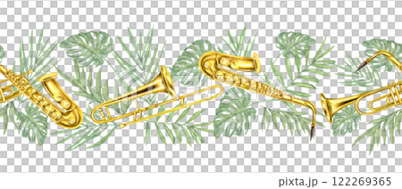 Watercolor shiny musical wind instruments with tropical green leaves seamless banner. Hand painted saxophone, trombone, trumpet, palm and monstera foliage pattern illustration for design shops, print Watercolor shiny musical wind instruments with tropical green leaves seamless banner. Hand painted saxophone, trombone, trumpet, palm and monstera foliage pattern illustration for design shops, print 122269365