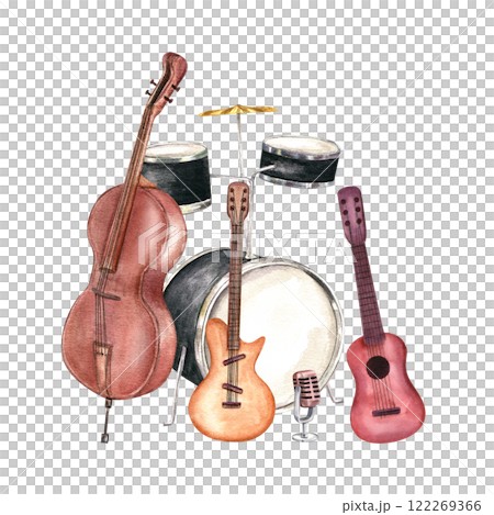 Musical drum kit, double bass, six string electric and acoustic guitar and retro microphone on metal stand watercolor illustration. Jazz instruments in realistic style composition for festival poster 122269366