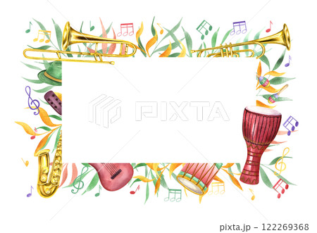 Watercolor carnival music percussion and wind instruments, musical notes among abstract colored foliage rectangle frame. Mardi Grass, Brazilian carnival illustration with copy space for text. 122269368