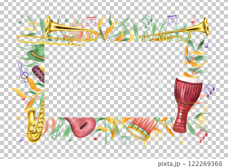 Watercolor carnival music percussion and wind instruments, musical notes among abstract colored foliage rectangle frame. Mardi Grass, Brazilian carnival illustration with copy space for text. 122269368