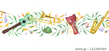 Watercolor six string guitar, djembe drum, trombone, hats, maracas, musical notes among abstract foliage seamless banner. Mardi Grass, Brazilian carnival musical instruments pattern illustration 122269369
