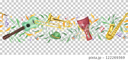 Watercolor six string guitar, djembe drum, trombone, hats, maracas, musical notes among abstract foliage seamless banner. Mardi Grass, Brazilian carnival musical instruments pattern illustration 122269369
