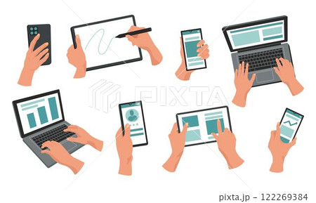 Phone in hand. Man holding digital tablet. Laptop keyboard. Mockup of smartphone. Computer screen. Smart mobile technology. Electronic cellphone. Gadget in arm palm. Vector tidy cartoon devices set 122269384