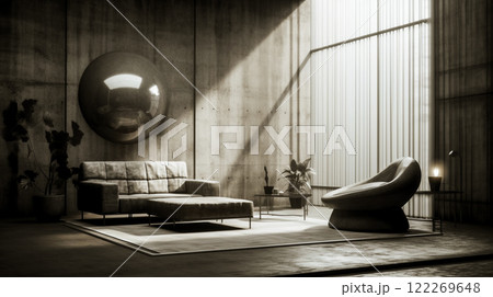 Modern interior with concrete grey walls sofas and natural lighting. A room, studio 3D render. Living room with light coming through the window inside 122269648
