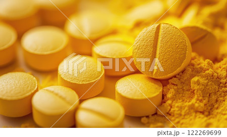 Yellow tablets and powder arranged on a surface 122269699