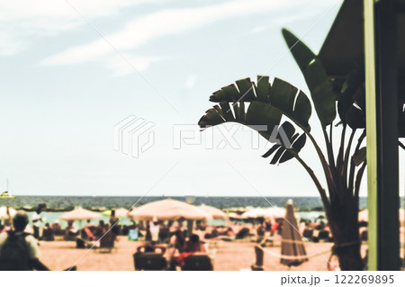 Silhouette of palm leaves on a beach with many people in defocus by the sea, ocean on summer vacation. Summertime relaxation. Sun umbrellas Cover page 122269895