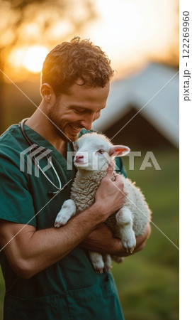 smiling male veterinarian with stethoscope holds cute, fluffy, white lamb outdoors at sunset, conveys positive and friendly interaction between vet and farm animal, 122269960