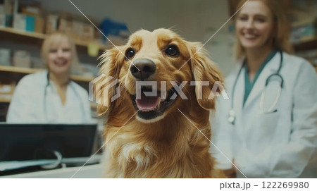 Happy, golden-colored dog looks directly at camera with its tongue out, two smiling female veterinarians blurred in background. 122269980
