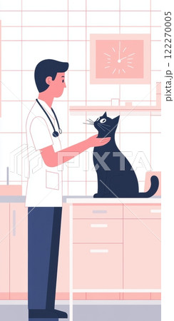Illustration depicts veterinarian in white coat and stethoscope gently petting black cat. Cat sits calmly on examination table. Illustration depicts veterinarian in white coat and stethoscope gently petting black cat. Cat sits calmly on examination table. 122270005