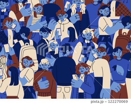 Phone of people. Crowd, person hold mobile. Smartphone cell in man, woman hands. Young guy looking at screen. Concept of using telephone. Background design. Vector citizen gadget, cartoon illustration Phone of people. Crowd, person hold mobile. Smartphone cell in man, woman hands. Young guy looking at screen. Concept of using telephone. Background design. Vector citizen gadget, cartoon illustration 122270069