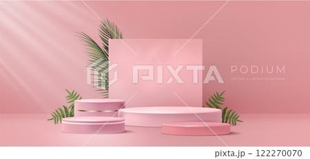 Background pink podium 3D. Product platform stand with tropical palm leaves. Pastel display render. Pedestal stage scene for presentation, advertising. Vector studio mockup with minimal showcase shape Background pink podium 3D. Product platform stand with tropical palm leaves. Pastel display render. Pedestal stage scene for presentation, advertising. Vector studio mockup with minimal showcase shape 122270070