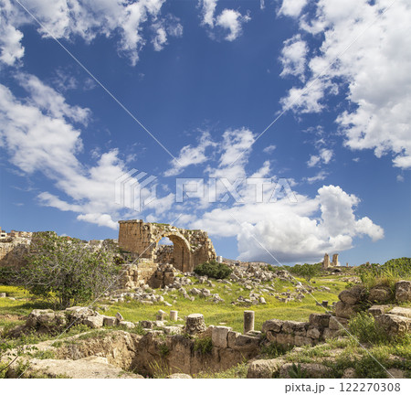 Roman ruins (against the background of a beautiful sky with clouds) in the Jordanian city of Jerash (Gerasa of Antiquity), capital and largest city of Jerash Governorate, Jordan Roman ruins (against the background of a beautiful sky with clouds) in the Jordanian city of Jerash (Gerasa of Antiquity), capital and largest city of Jerash Governorate, Jordan 122270308